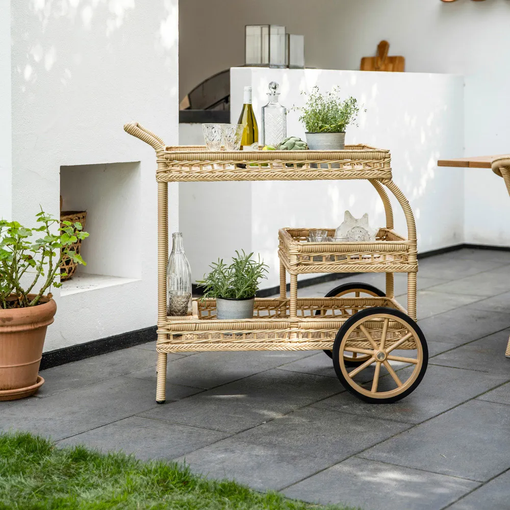Connor Herringbone Woven Outdoor Bar Cart - Natural, Faux Rattan