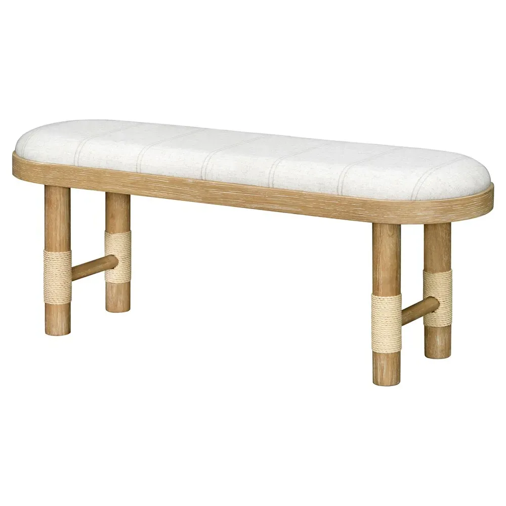 Cora Entryway Bench - Beige Linen, Brown Wood