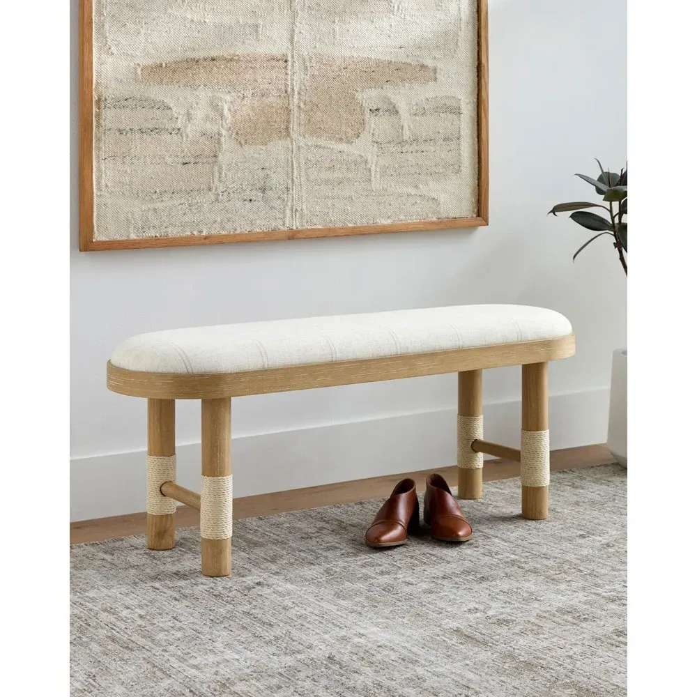 Cora Entryway Bench - Beige Linen, Brown Wood