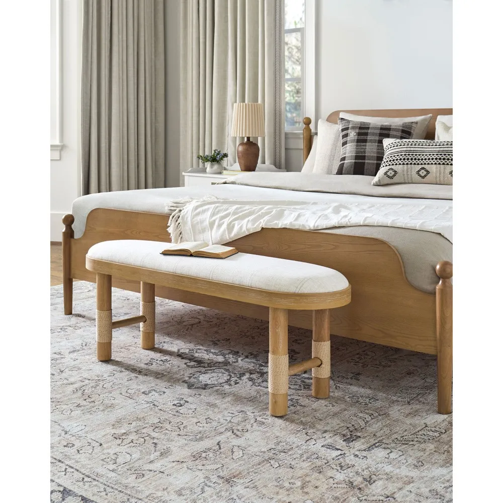 Cora Entryway Bench - Beige Linen, Brown Wood