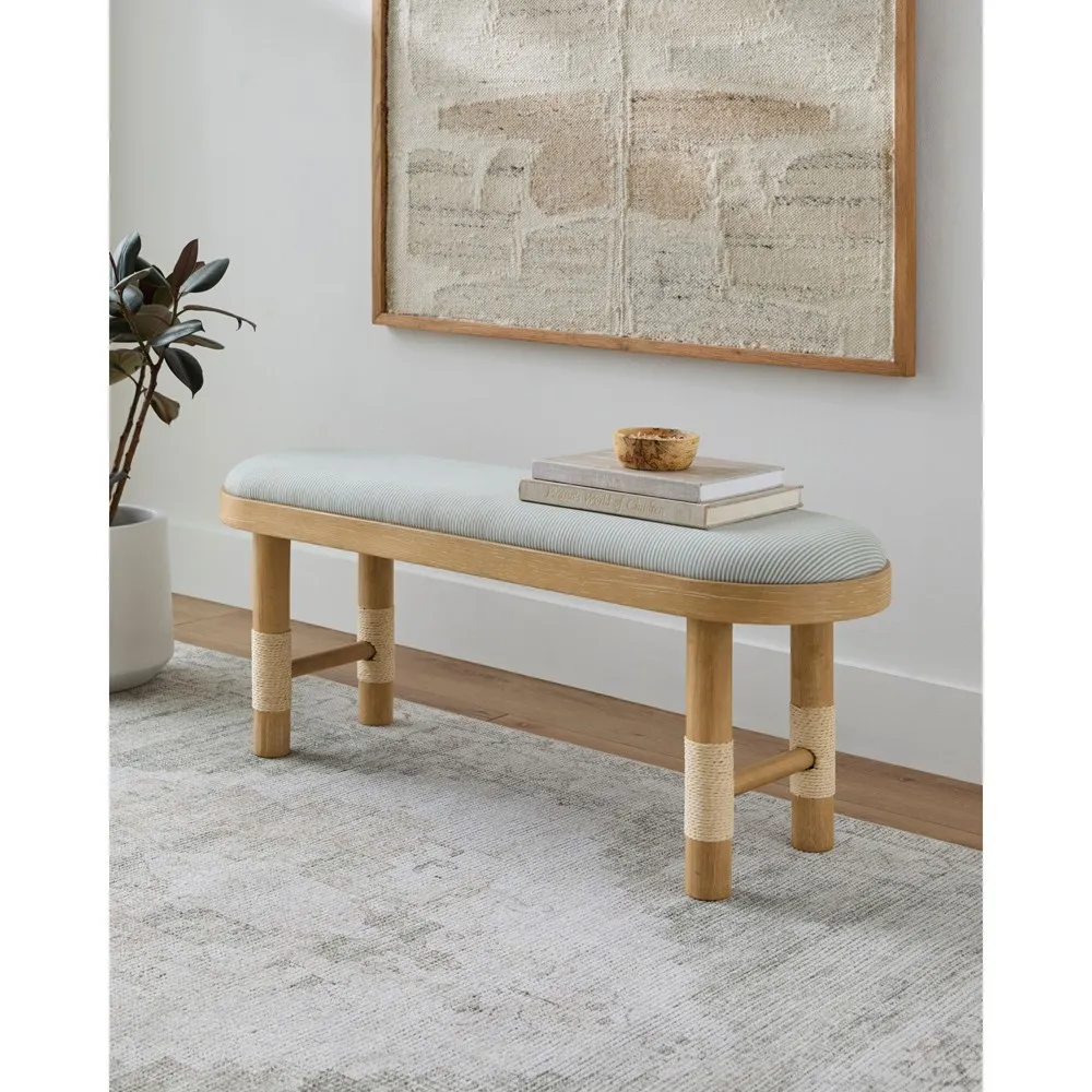 Cora Entryway Bench - Striped Blue, Brown Wood
