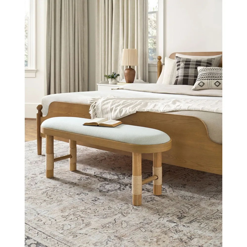 Cora Entryway Bench - Striped Blue, Brown Wood