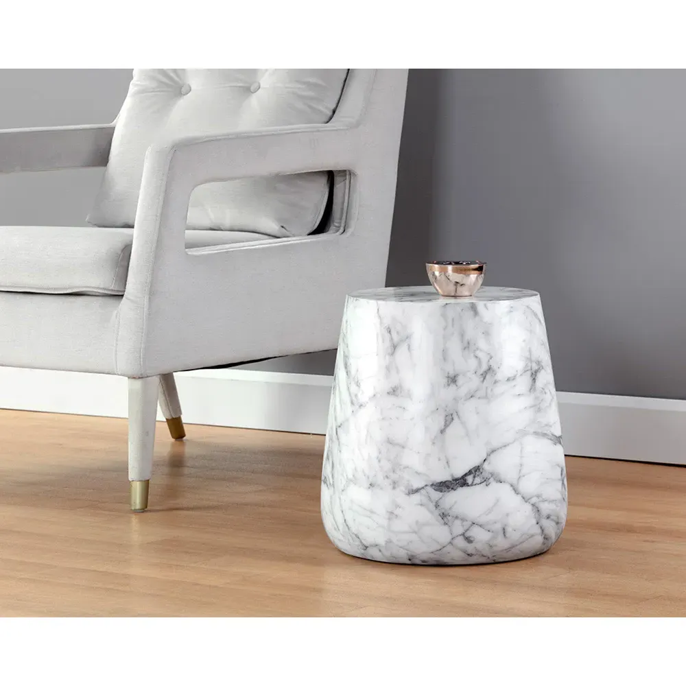 Costera Round Drum Side Table - White, Concrete