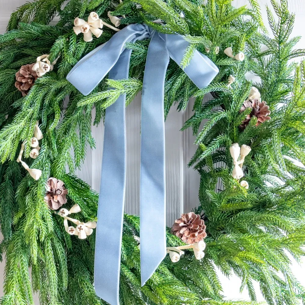 Cyra Norfolk Pine Wreath with Bow - Green, Velvet