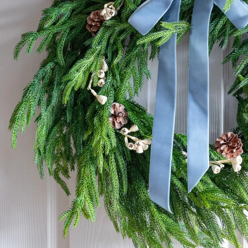 Cyra Norfolk Pine Wreath with Bow - Green, Velvet