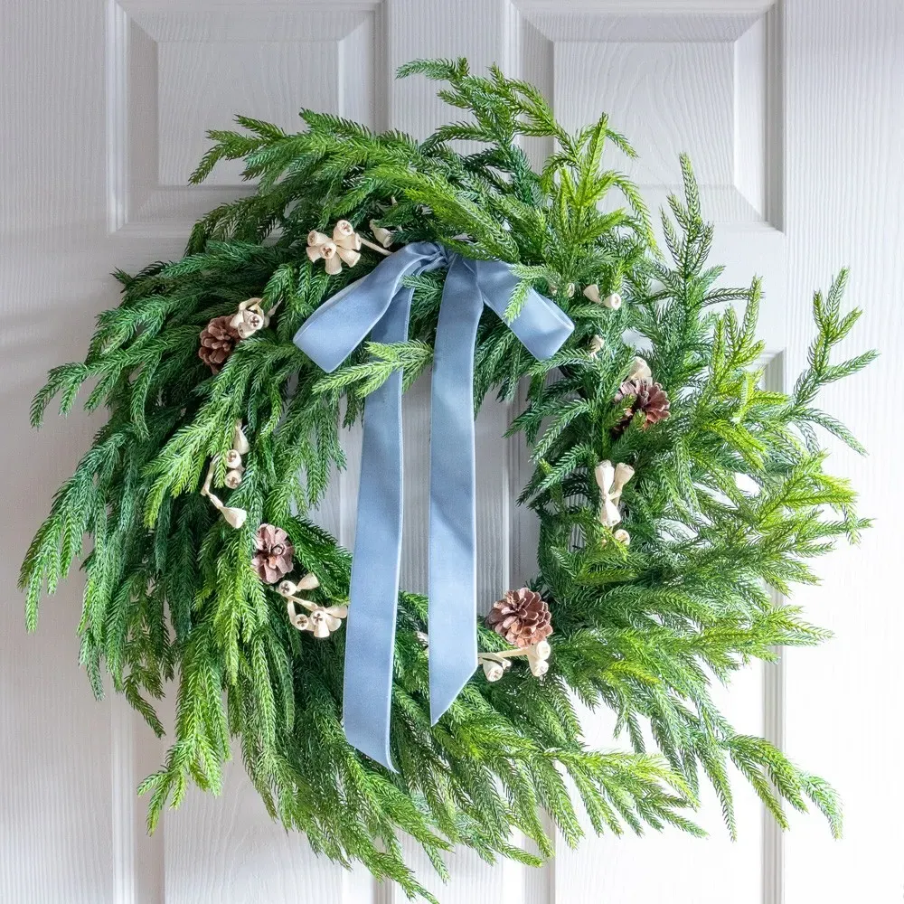 Cyra Norfolk Pine Wreath with Bow - Green, Velvet
