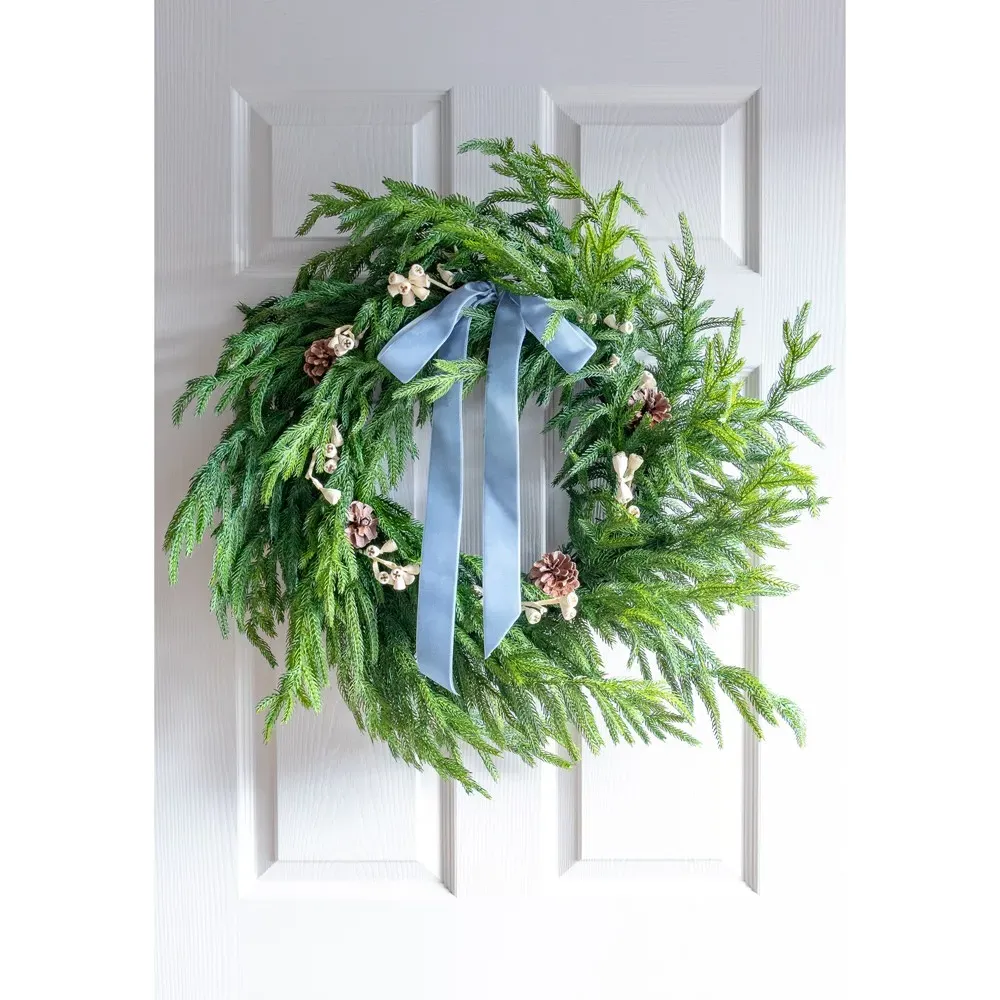 Cyra Norfolk Pine Wreath with Bow - Green, Velvet