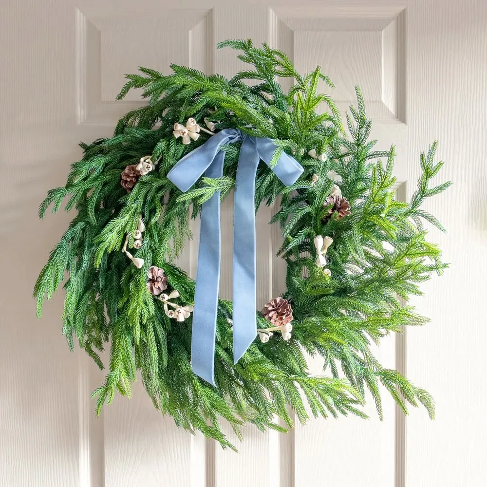Cyra Norfolk Pine Wreath with Bow - Green, Velvet image