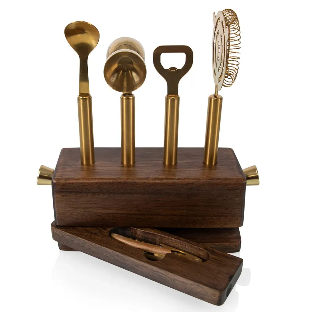 Dabney Bar Tool Set with Storage Block - Brown, Acacia Wood