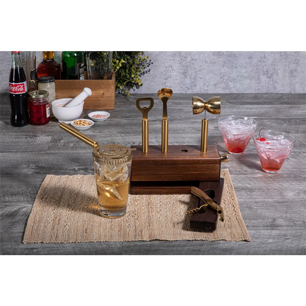 Dabney Bar Tool Set with Storage Block - Brown, Acacia Wood