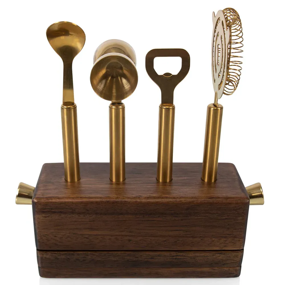 Dabney Bar Tool Set with Storage Block - Brown, Acacia Wood image