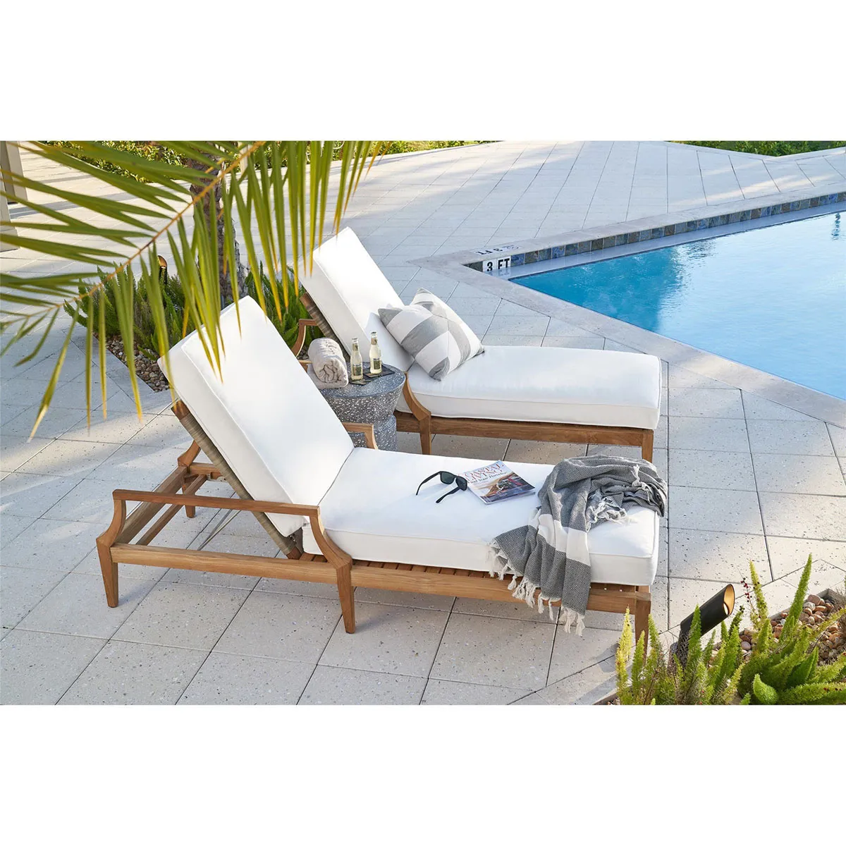 Dahliah Outdoor Chaise Lounge with Cushion - White, Teak