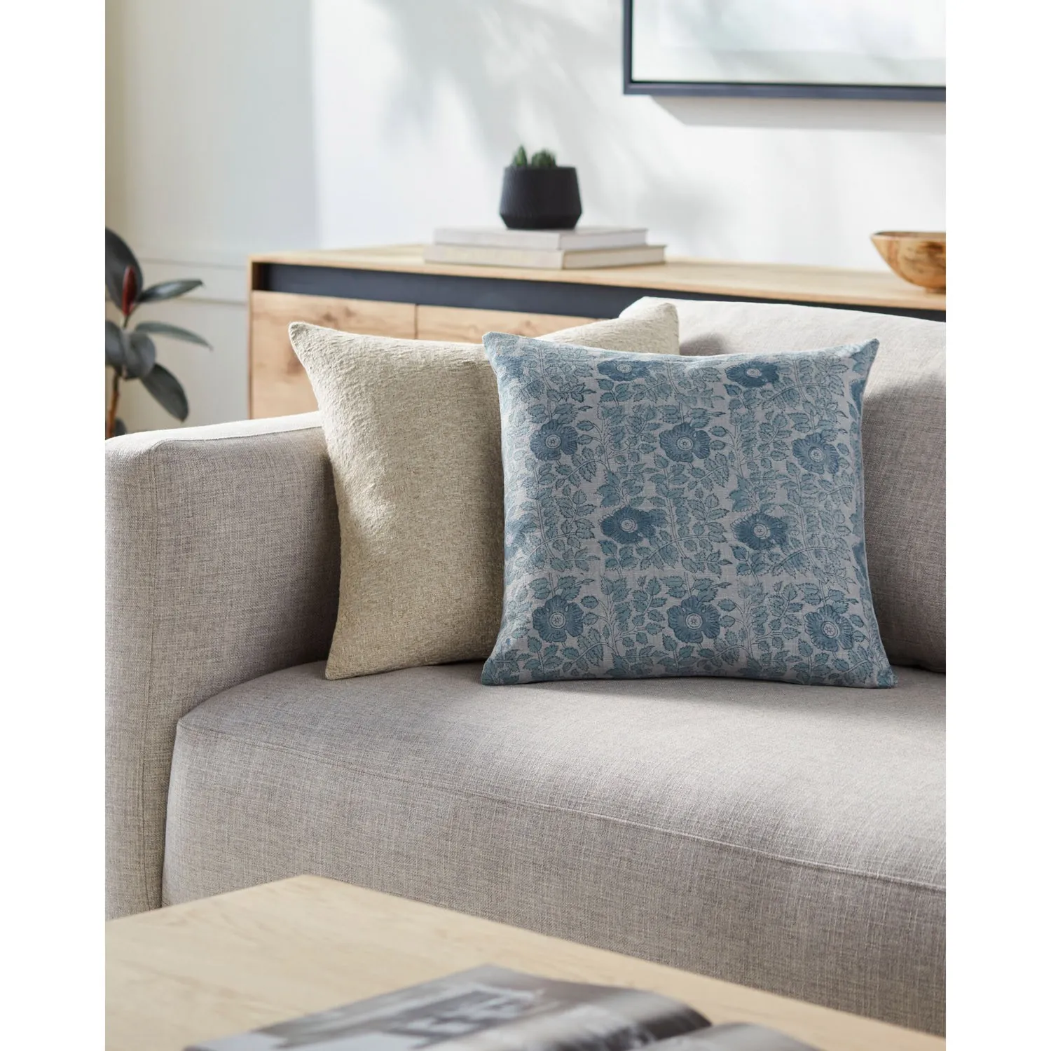 Damian Floral Throw Pillow - Blue, Linen