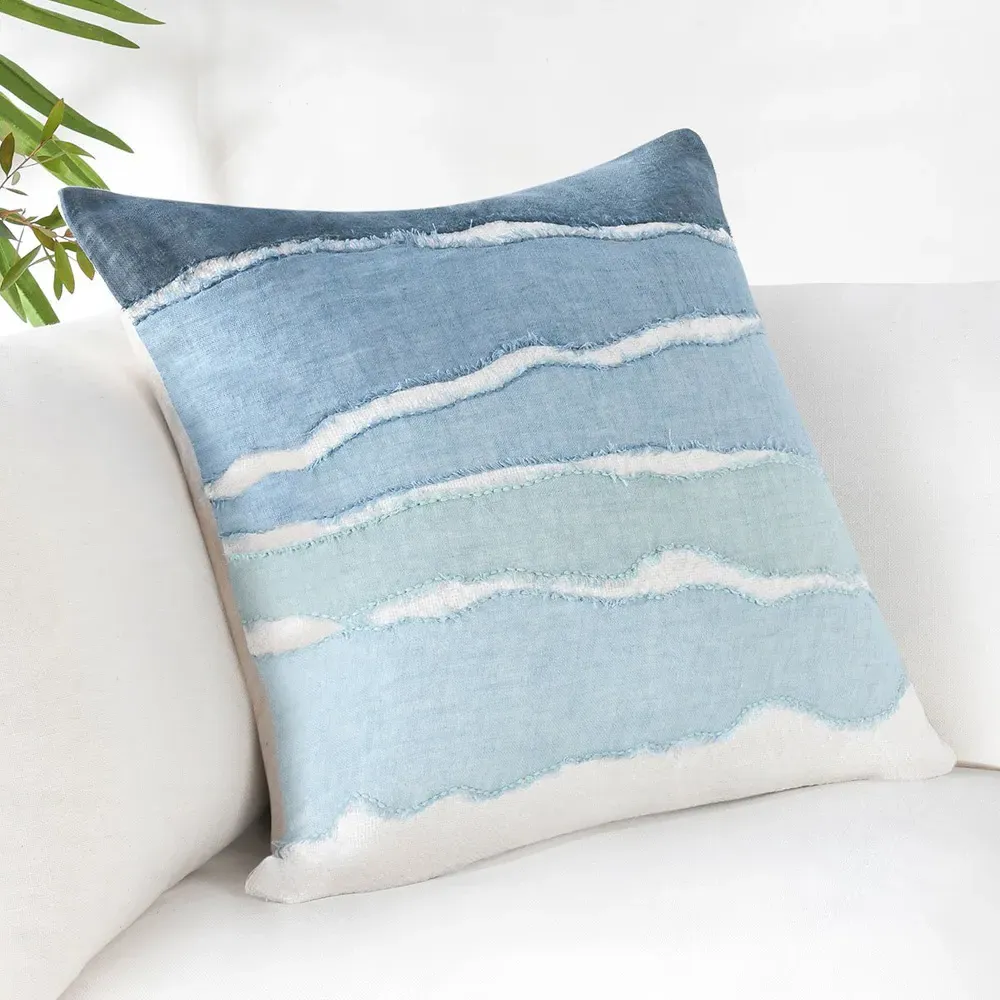 Danielle 22x22 Throw Pillow with Hand-Stitched Pattern - Blue, Linen