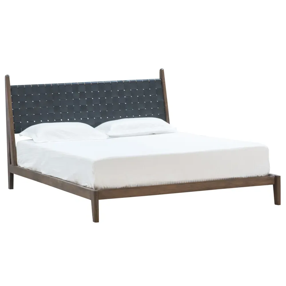 Darcie Queen Size Woven Leather Headboard Bed - Brown, Teak