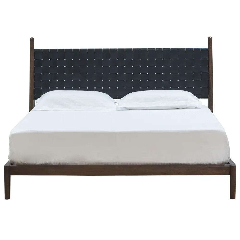Darcie Queen Size Woven Leather Headboard Bed - Brown, Teak image