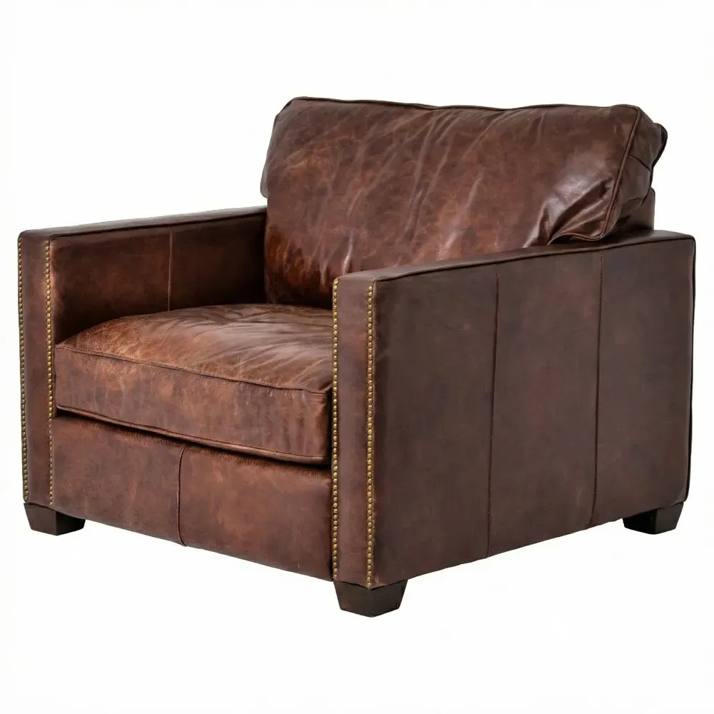 Darla Club Arm Chair with Brass Nailhead Trim - Brown, Leather image