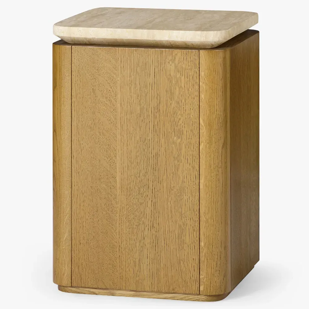 Darwin Travertine Side Table - Brown, Oak Wood