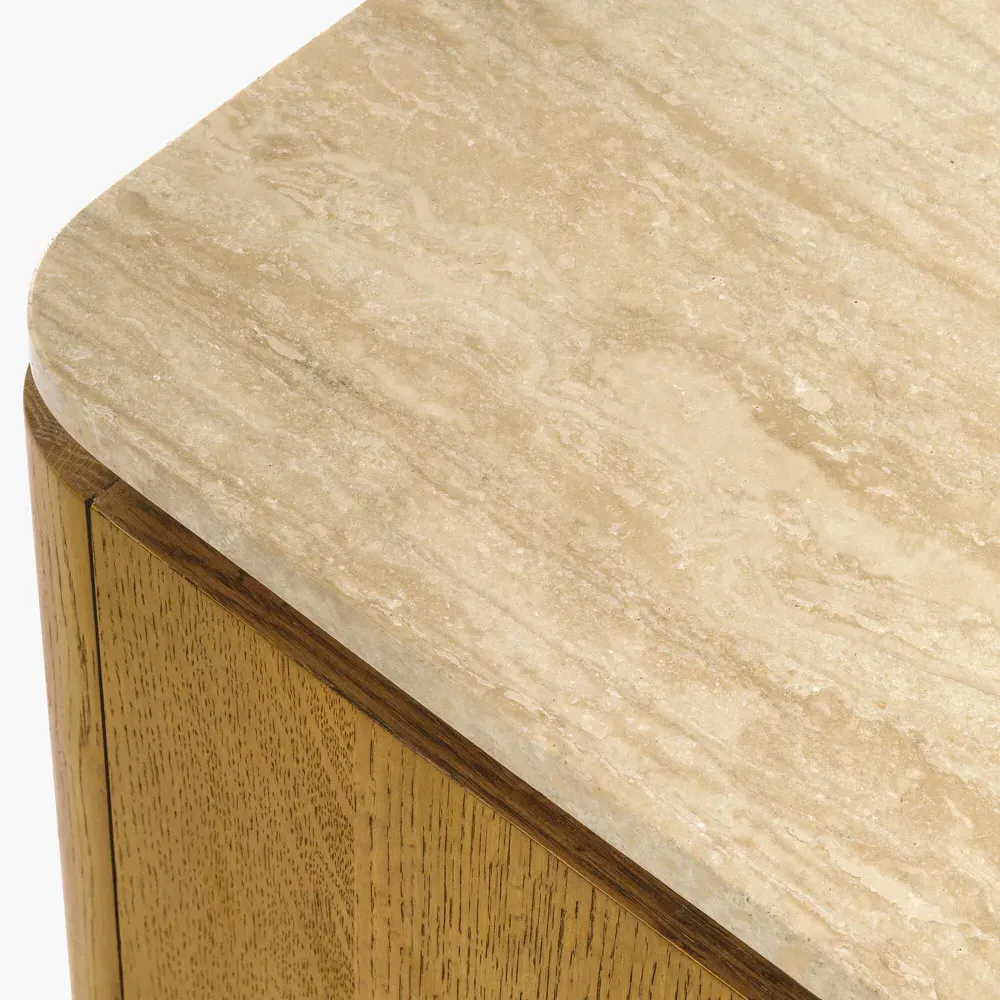 Darwin Travertine Side Table - Brown, Oak Wood
