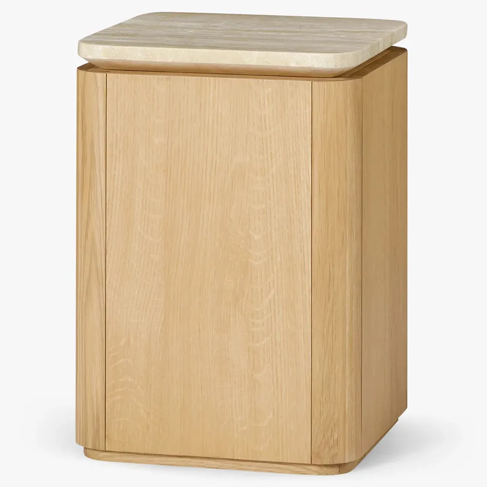 Darwin Travertine Side Table - Light Brown, Oak Wood