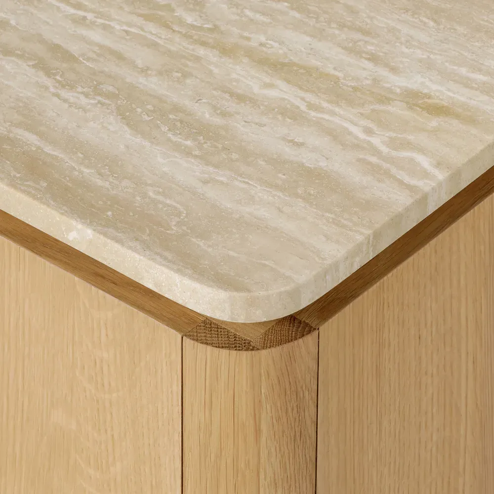 Darwin Travertine Side Table - Light Brown, Oak Wood