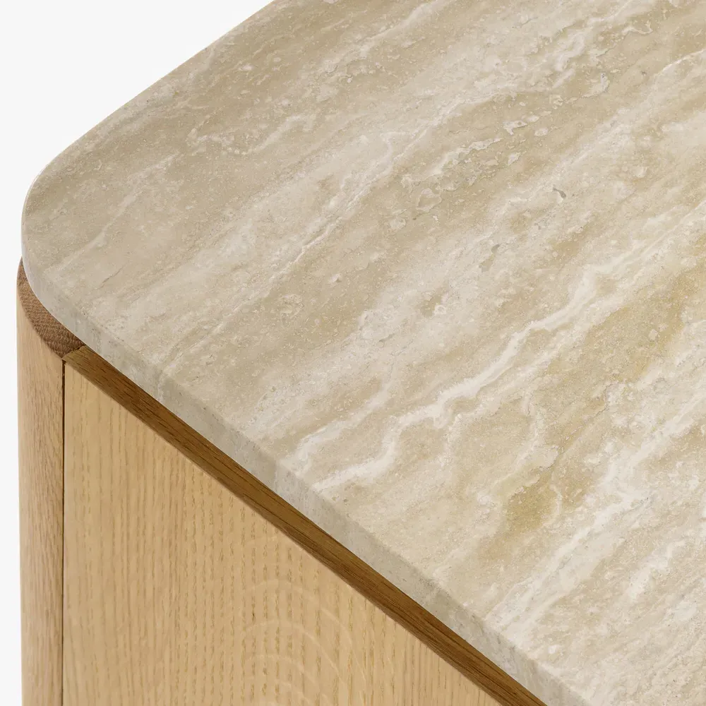 Darwin Travertine Side Table - Light Brown, Oak Wood