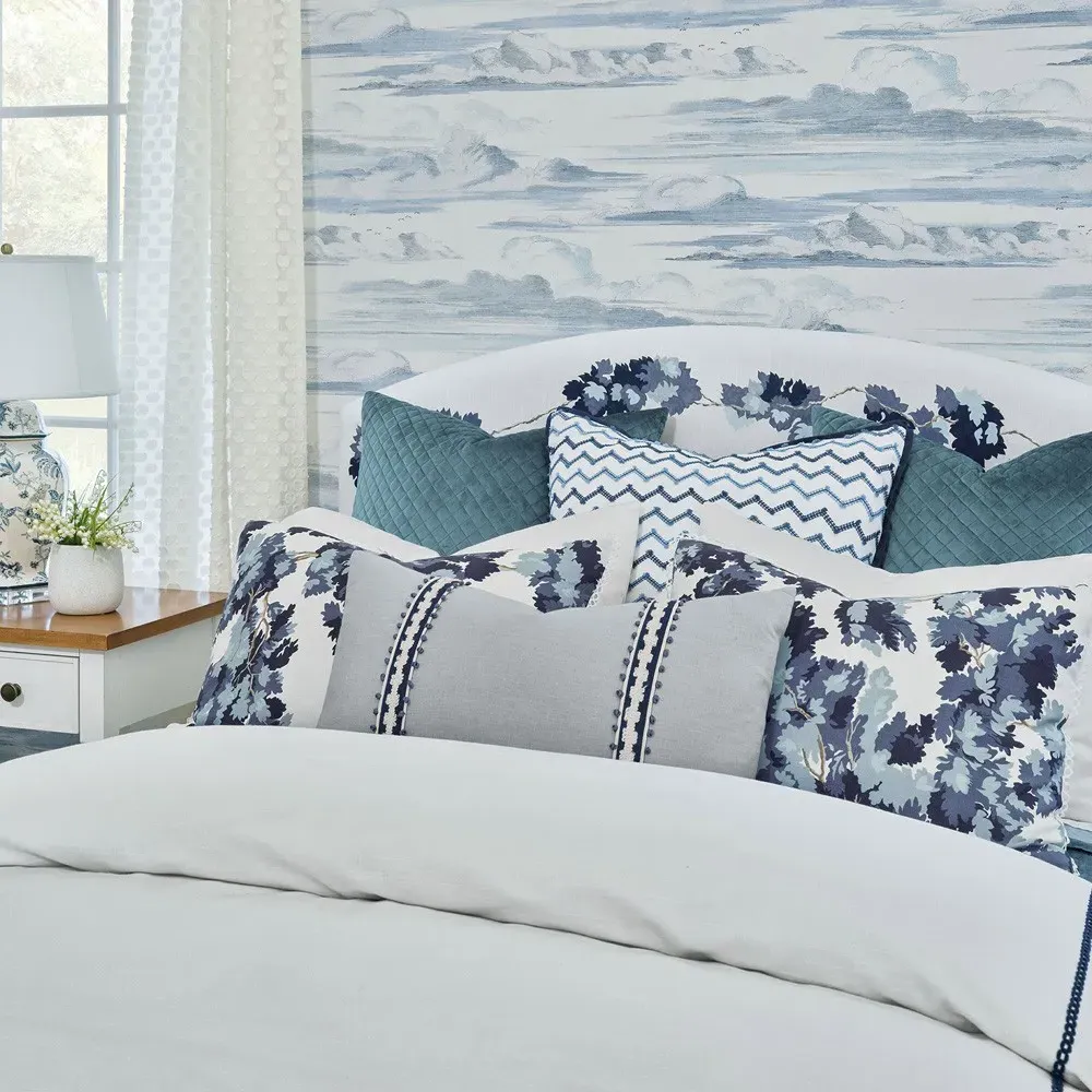 Dasha Lumbar Pillow with Blue Trim - Blue, Linen