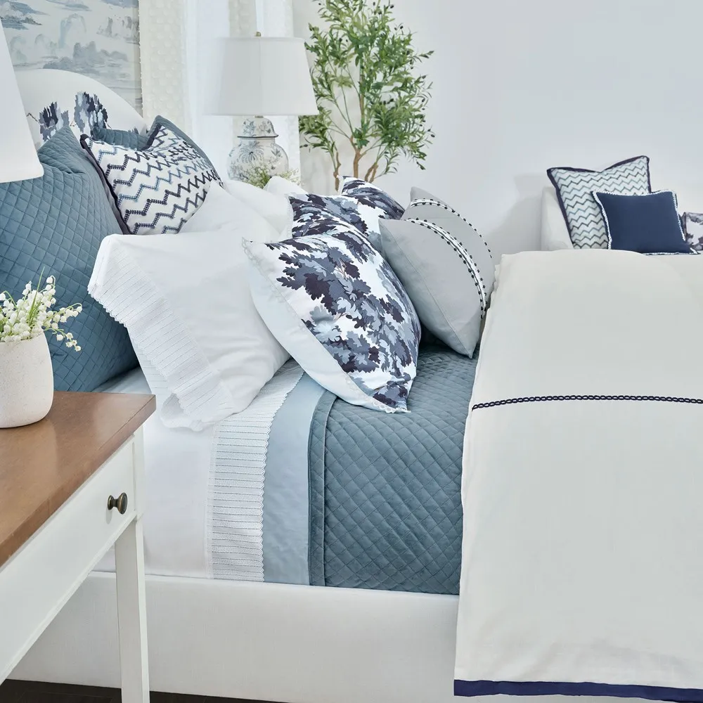 Dasha Lumbar Pillow with Blue Trim - Blue, Linen