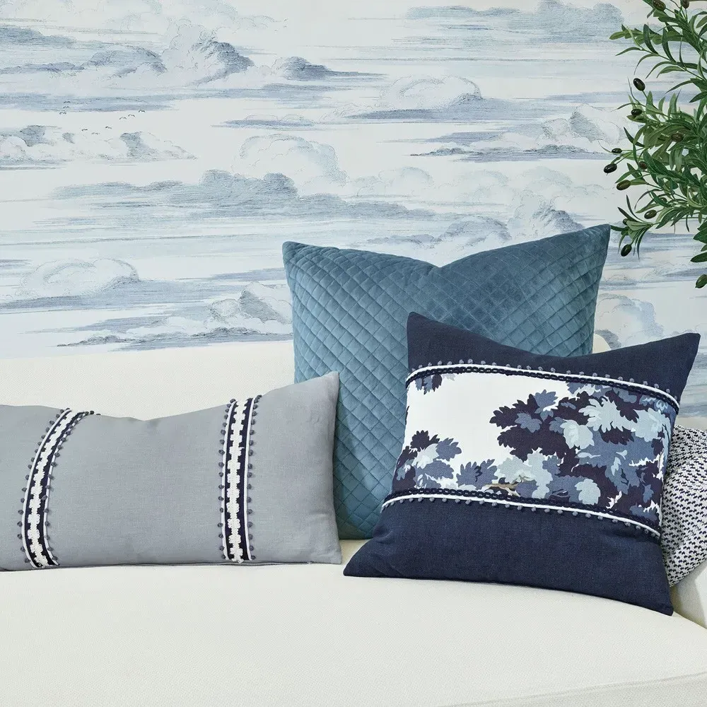 Dasha Lumbar Pillow with Blue Trim - Blue, Linen