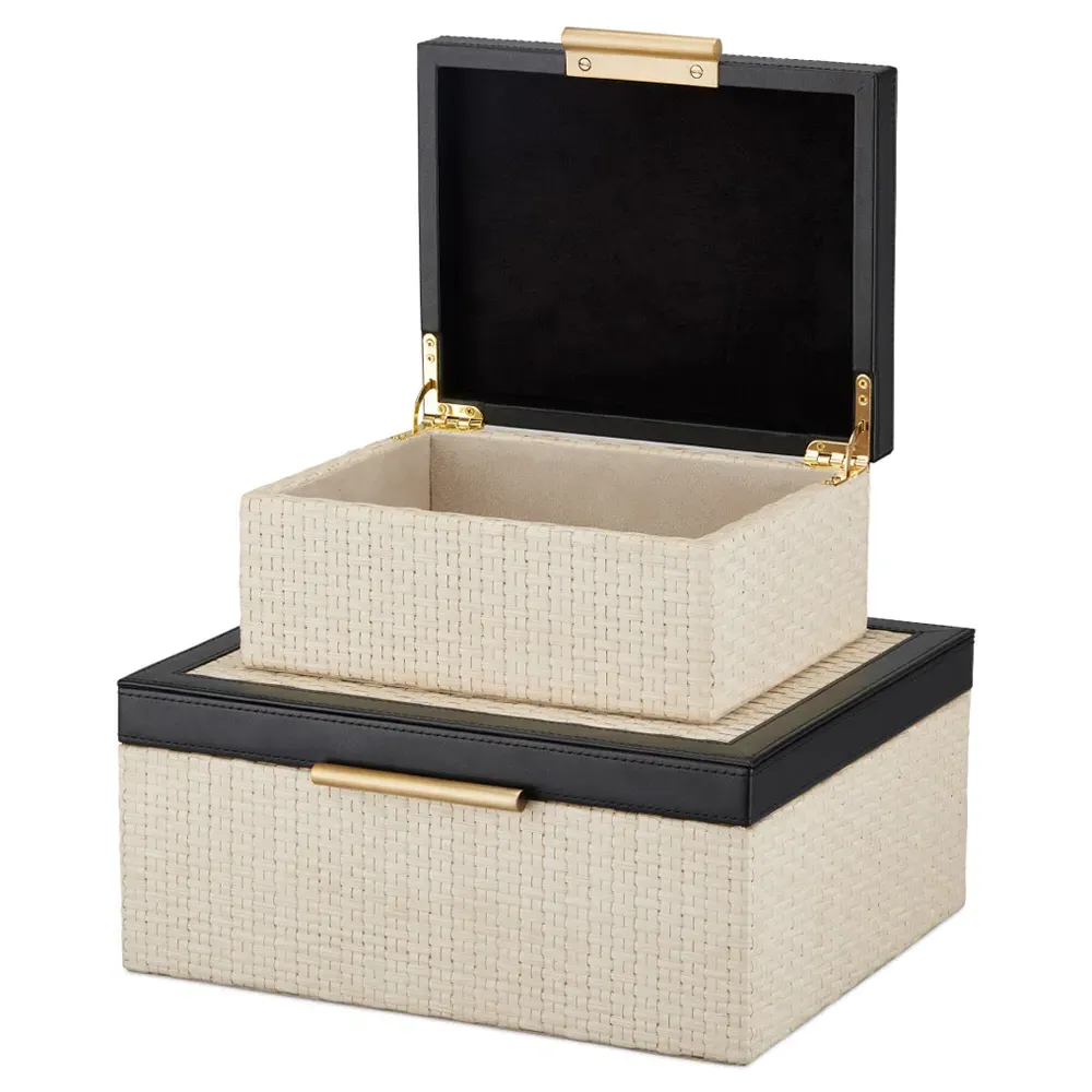 Deina Decorative Box Set - Black Leather, Cream Raffia