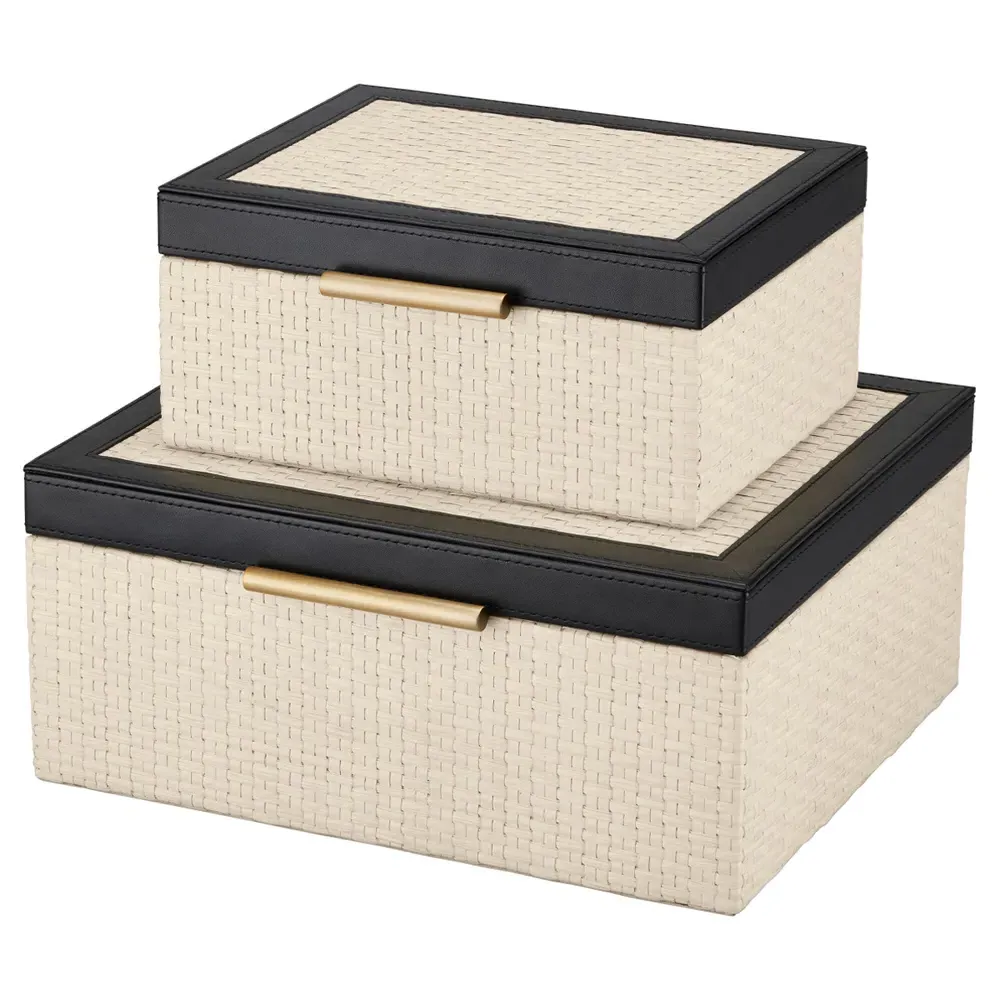 Deina Decorative Box Set - Black Leather, Cream Raffia image