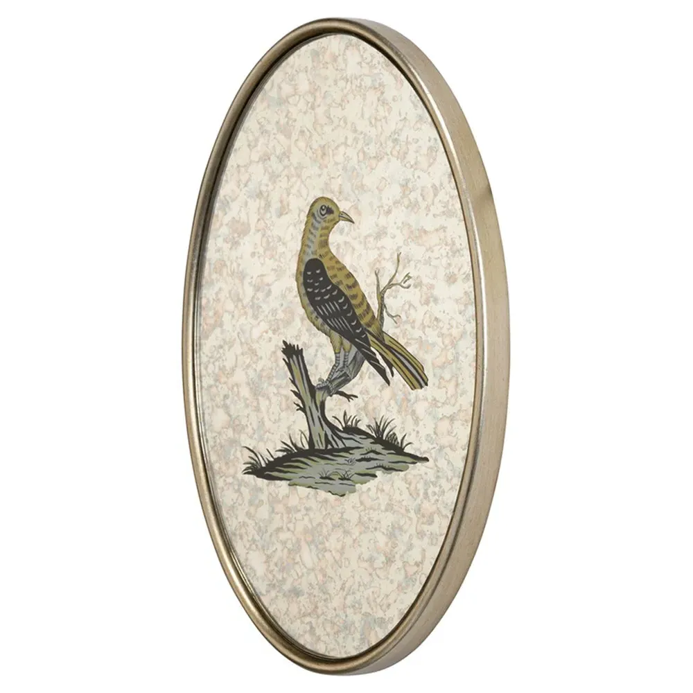 Delara Oval Antiqued Mirror with Bird Motif - Yellow, Wood