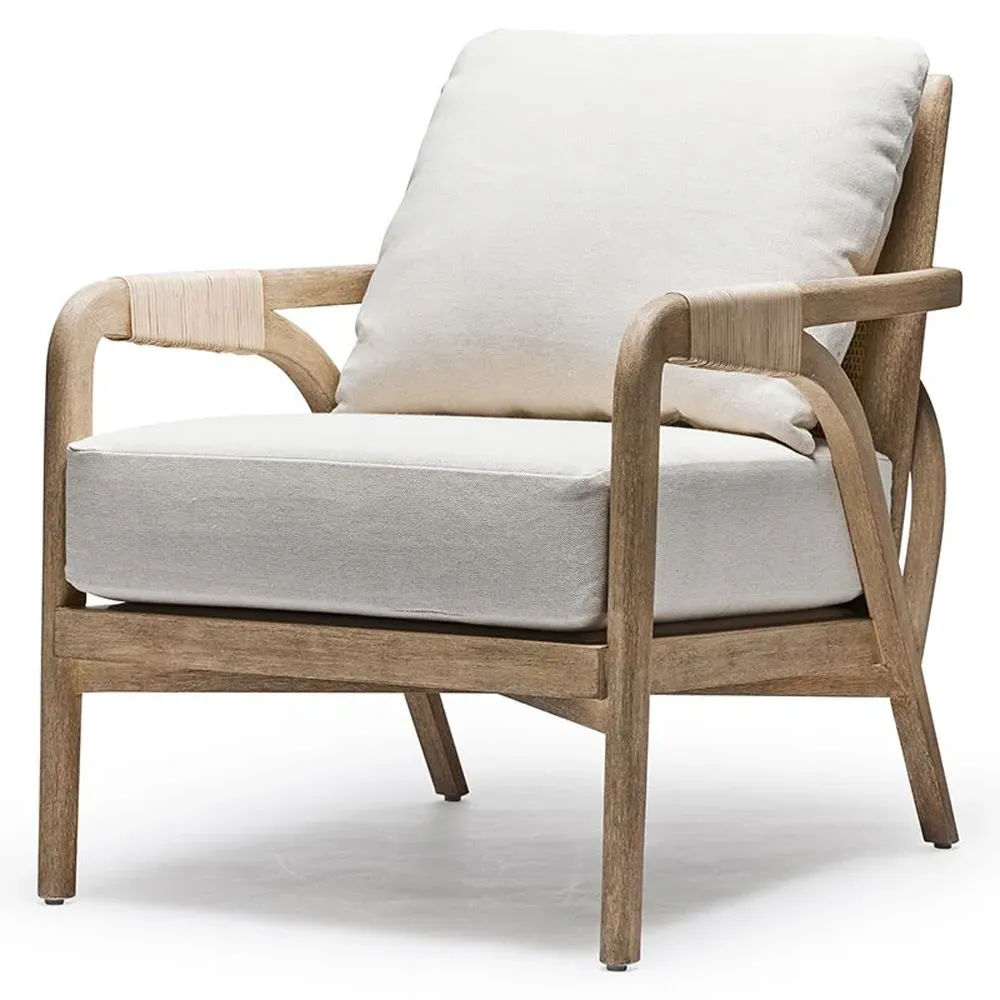 Delray Woven Rattan Lounge Arm Chair - Off White, Mahogany
