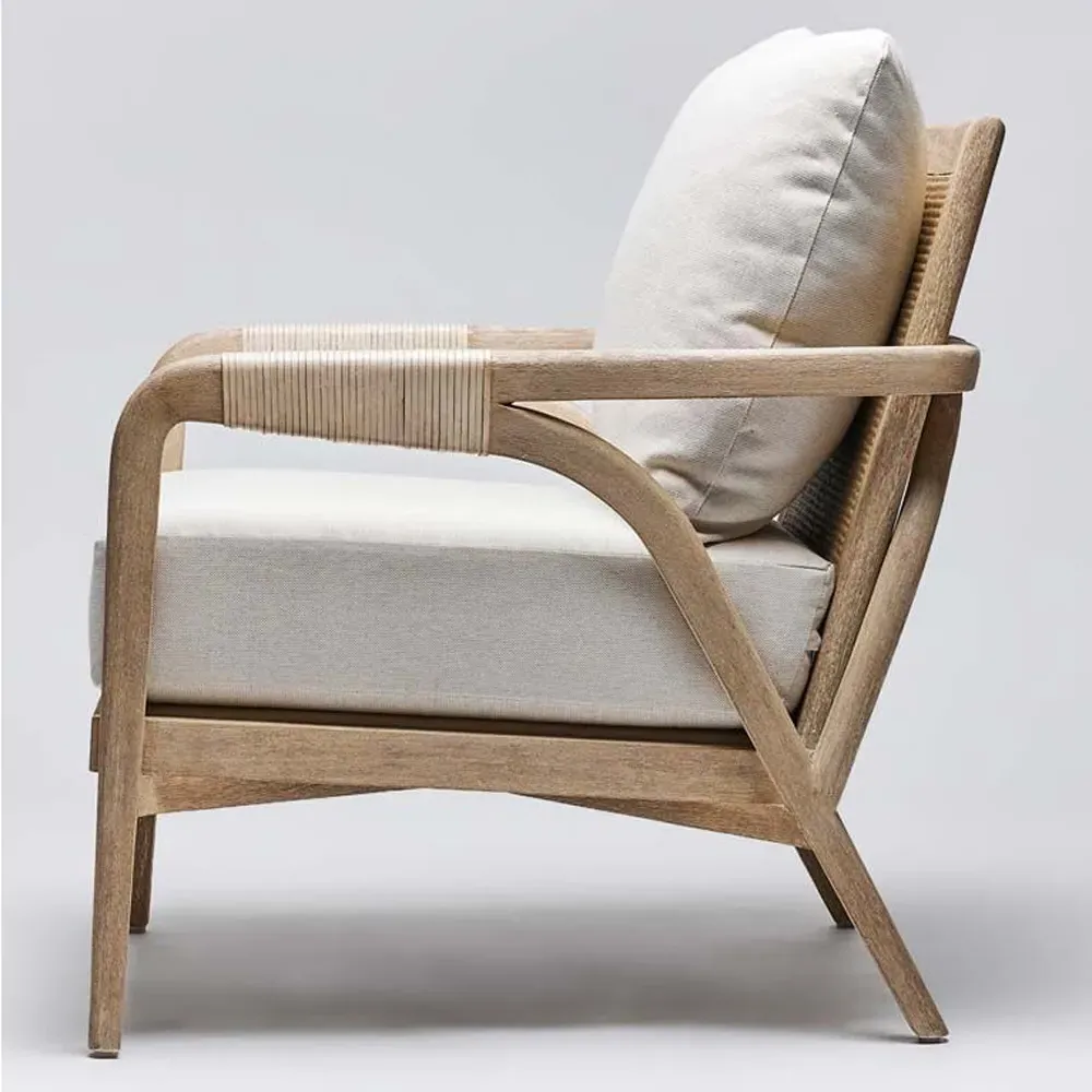 Delray Woven Rattan Lounge Arm Chair - Off White, Mahogany