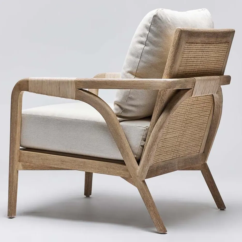 Delray Woven Rattan Lounge Arm Chair - Off White, Mahogany