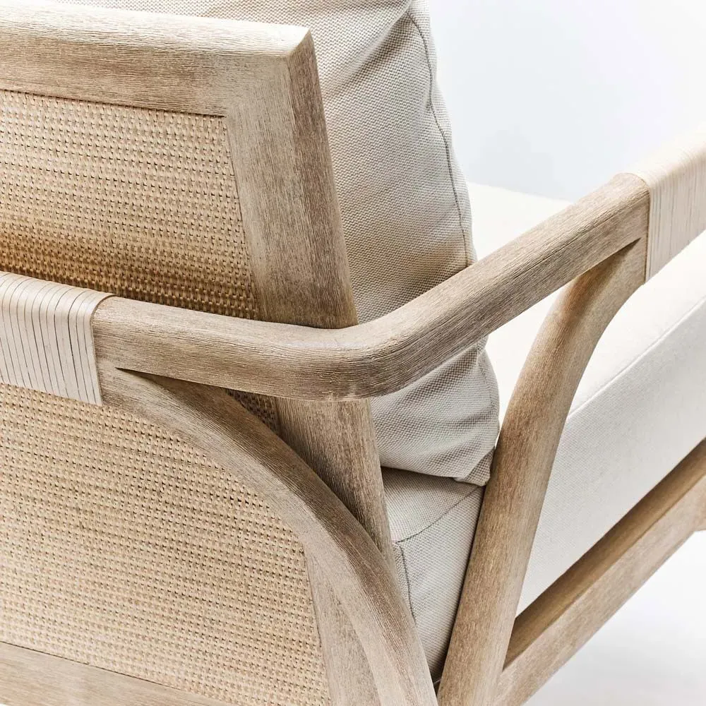 Delray Woven Rattan Lounge Arm Chair - Off White, Mahogany