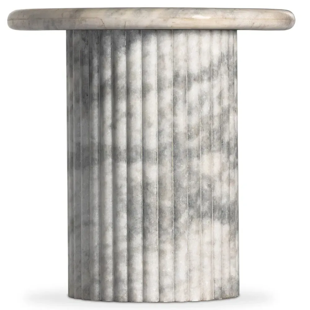 Denzel Round Pedestal End Table - White, Marble