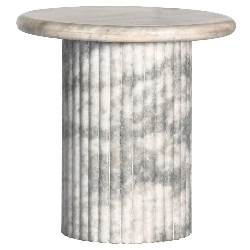 Denzel Round Pedestal End Table - White, Marble