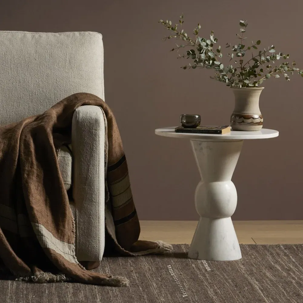 Diana Round Pedestal End Table - White, Marble