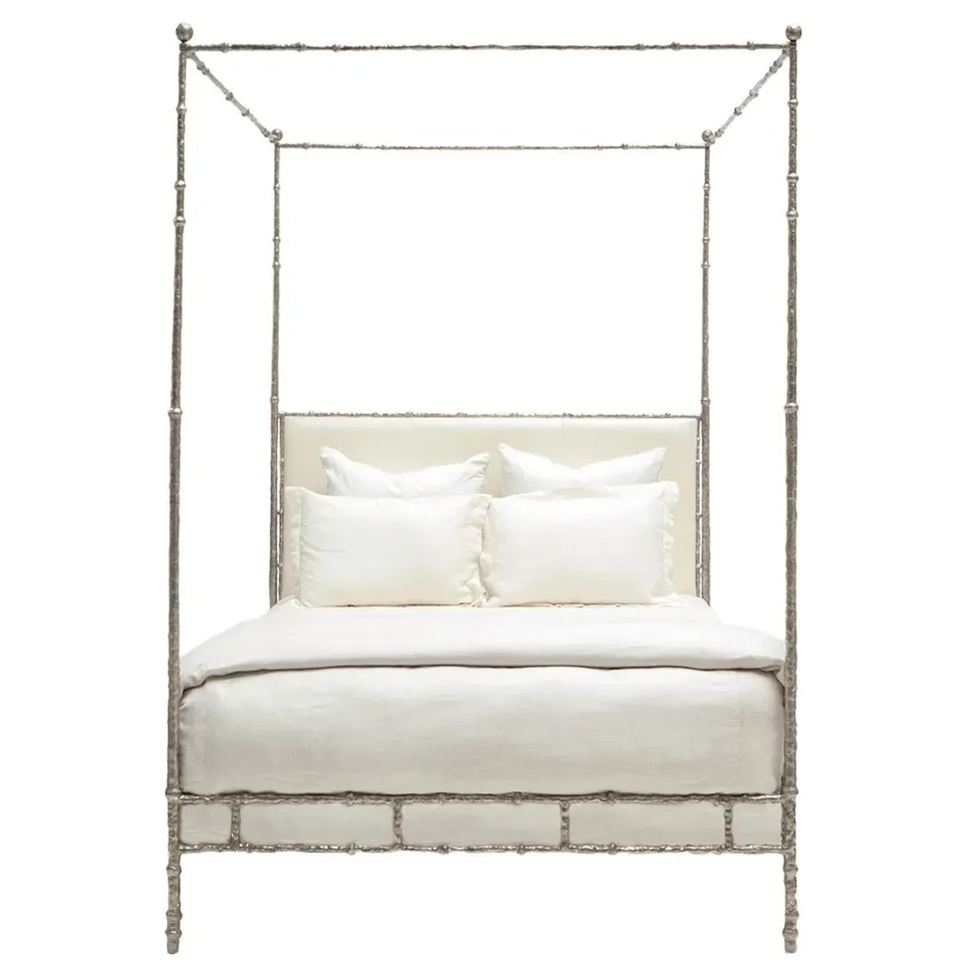 Diego King Size Canopy Bed - Ivory, Silver Metal