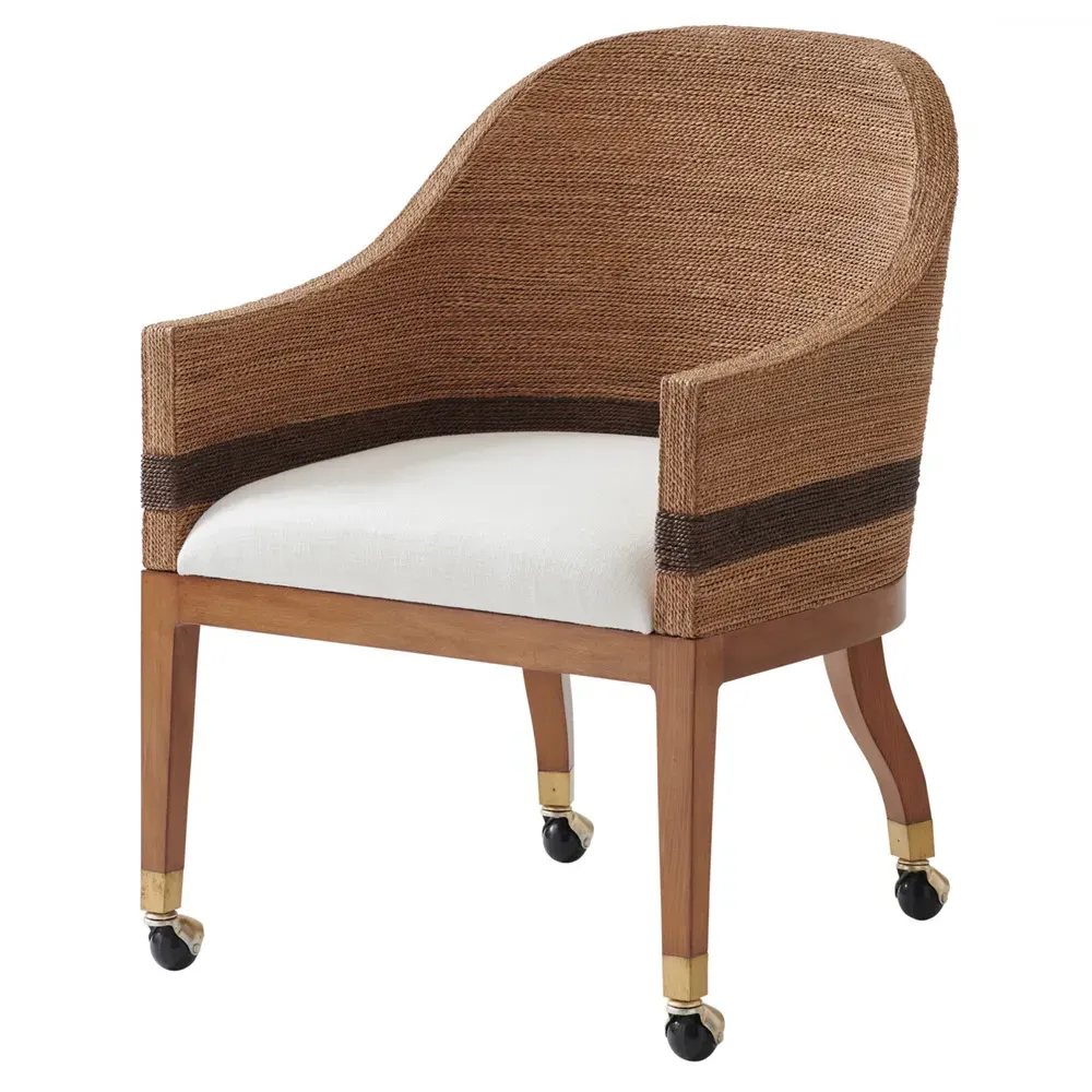 Dorian Caster Dining Arm Chair - White, Woven Rope
