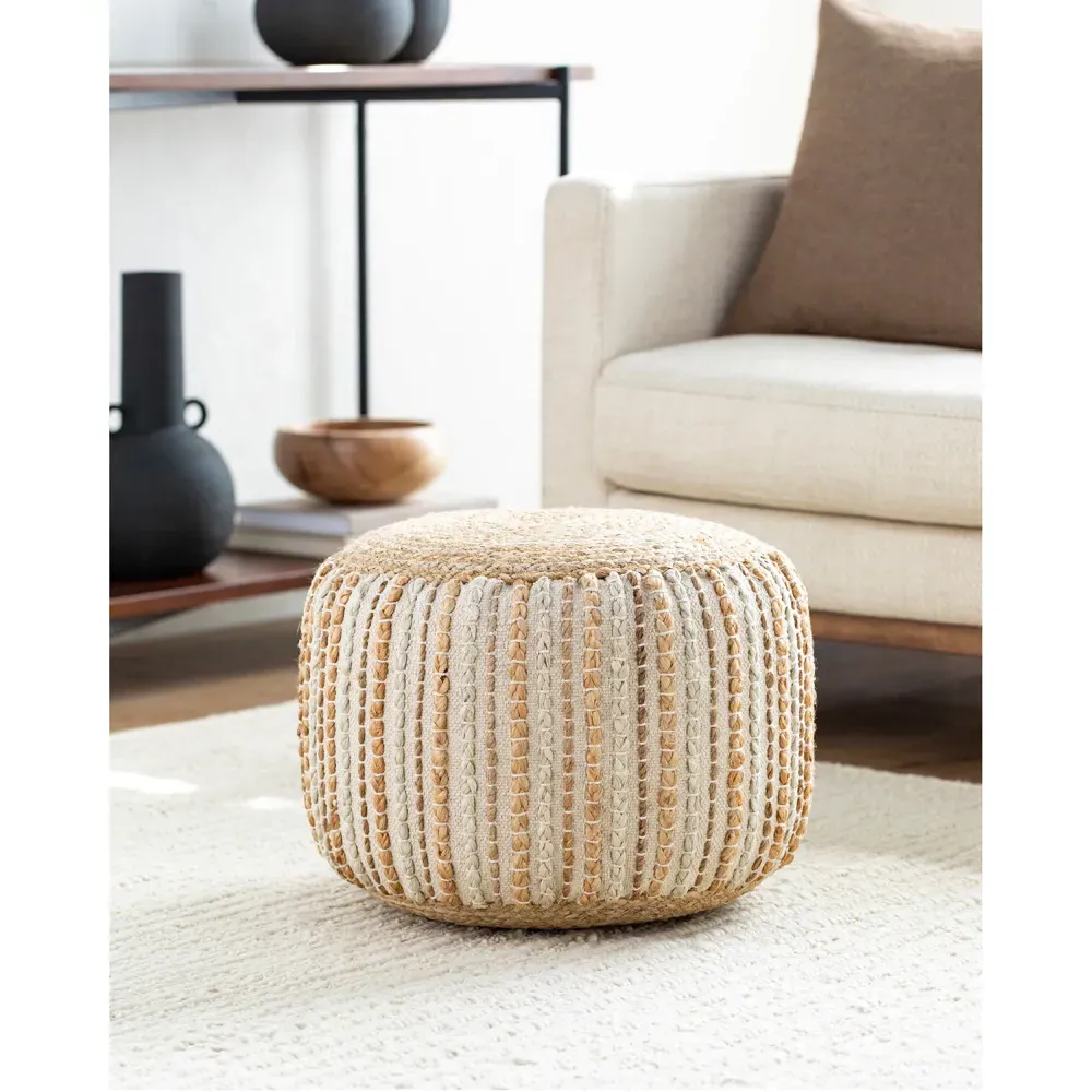 Easton Round Pouf - Beige, Jute