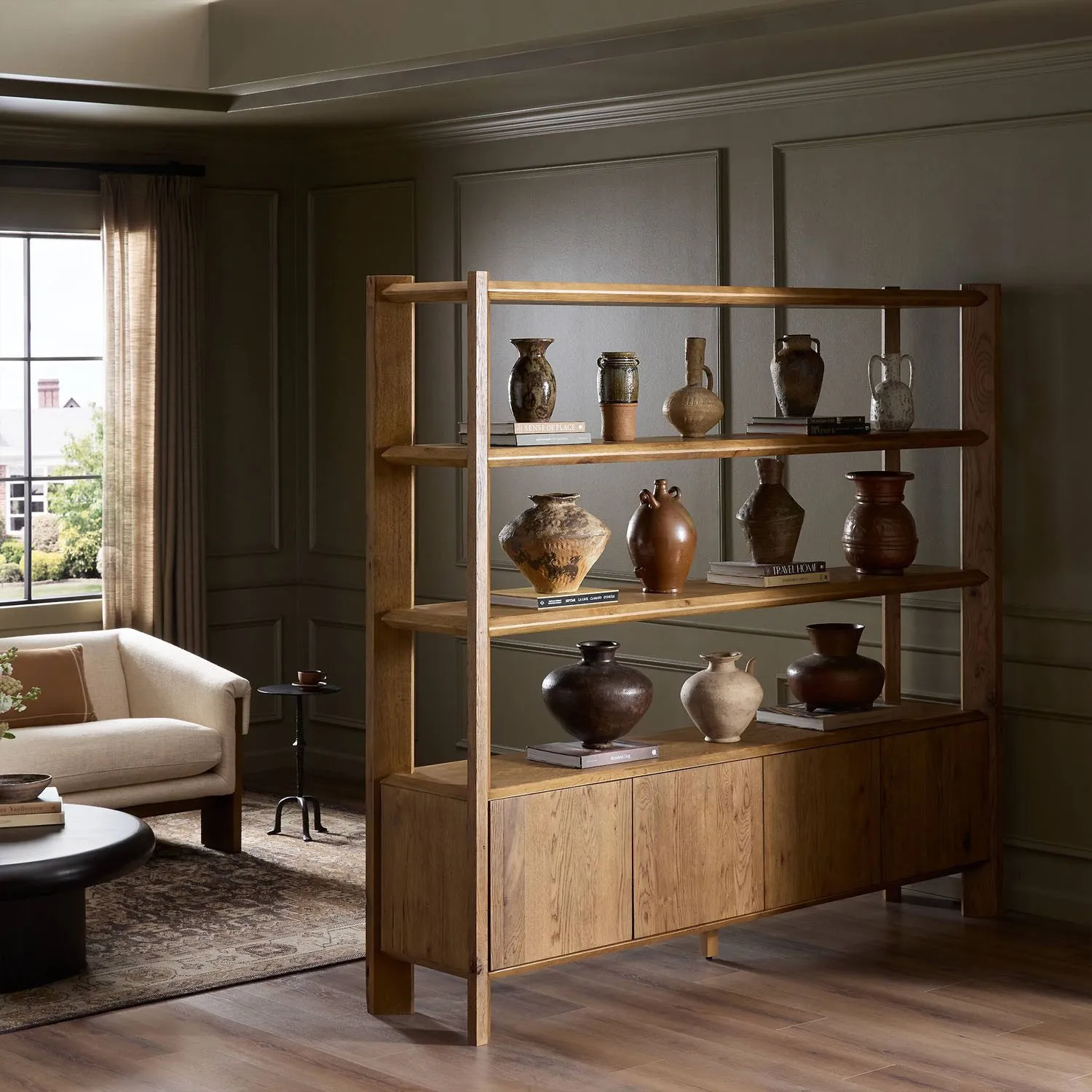 Edward Wide Bookcase - Worn Brown, Oak