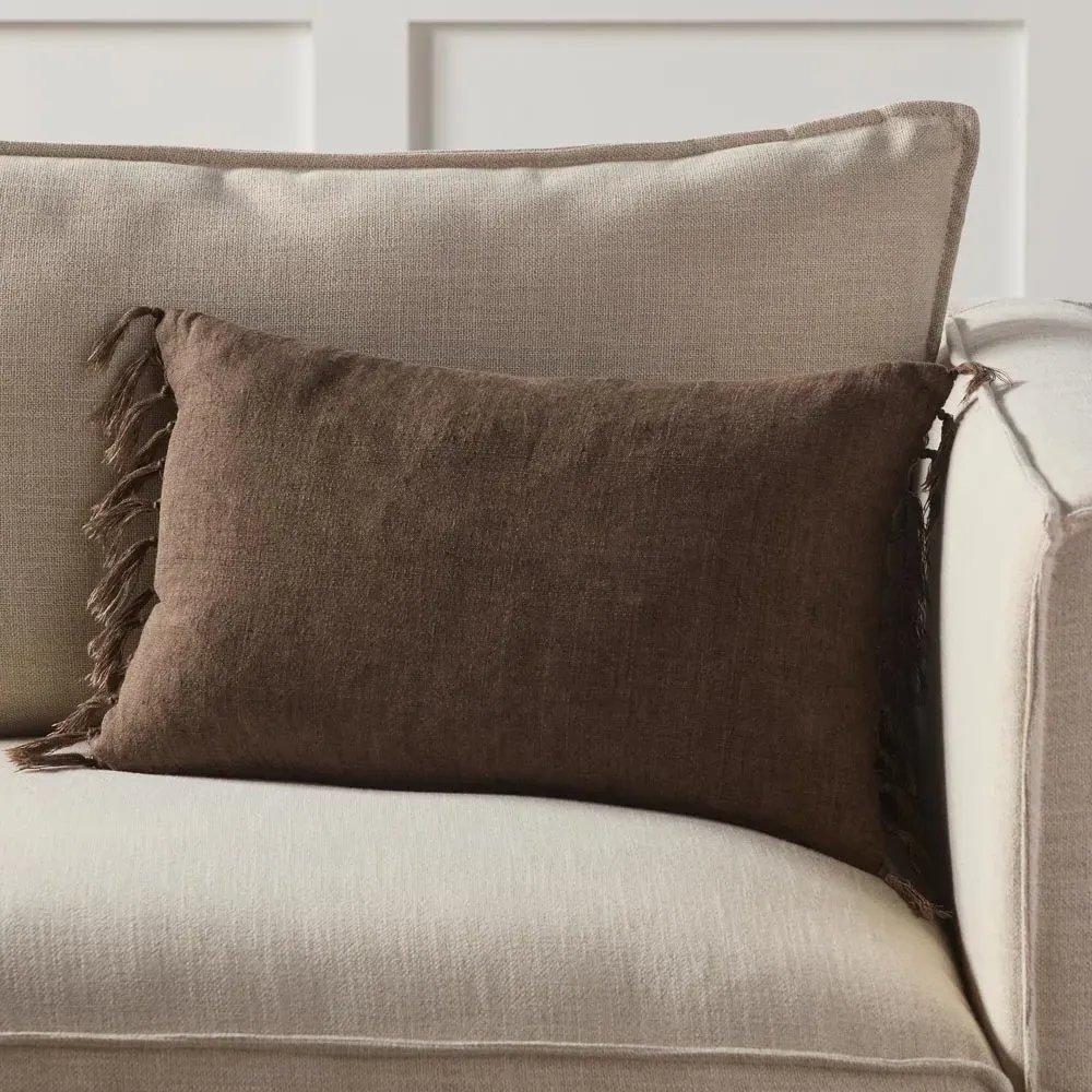 Effie Lumbar Pillow with Tassels - Brown, Linen