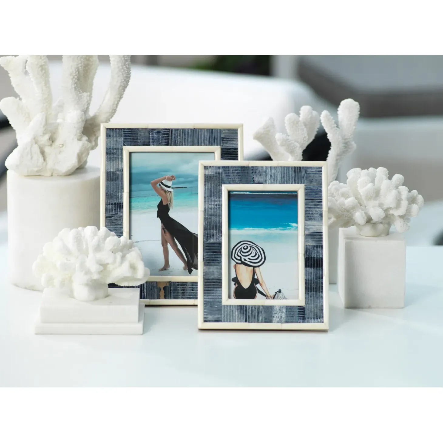 Eli Carved Photo Frame - Blue, Bone