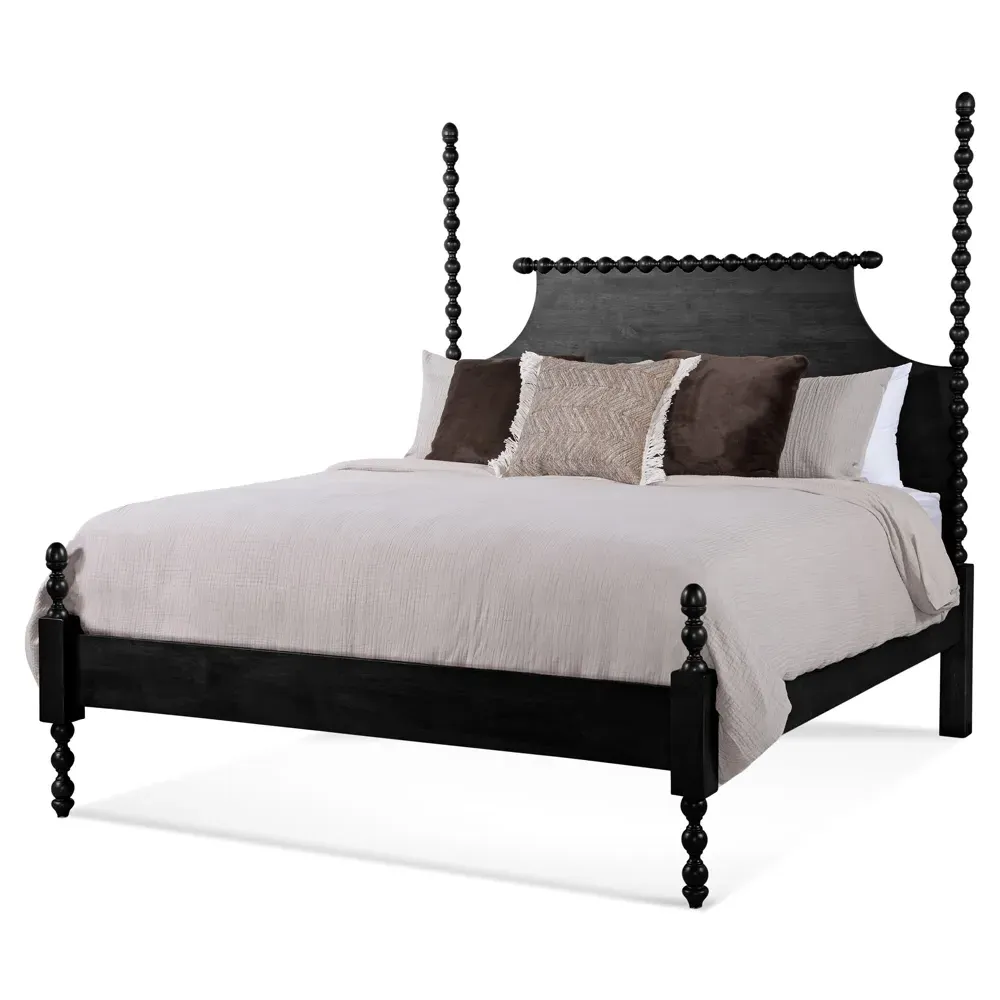 Elio Queen Size Spindle Poster Bed - Black, Rubberwood
