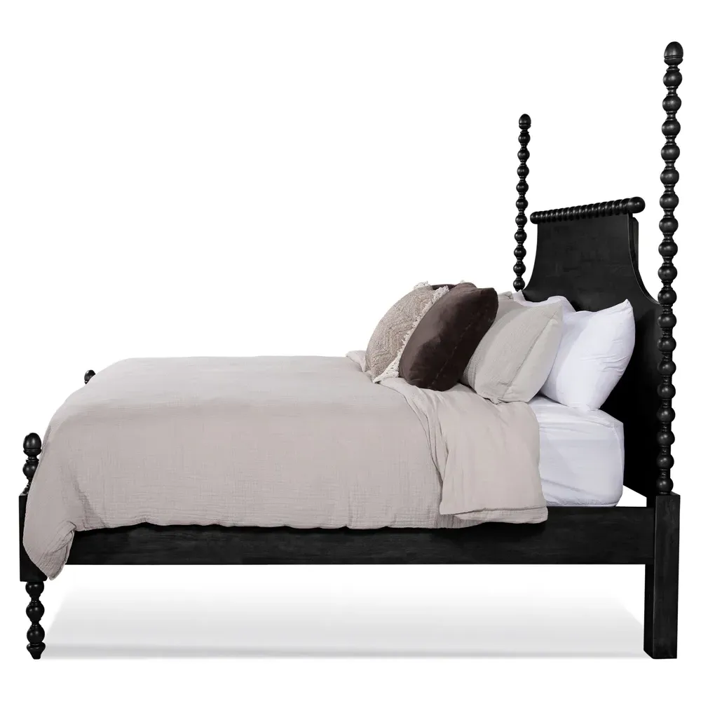 Elio Queen Size Spindle Poster Bed - Black, Rubberwood