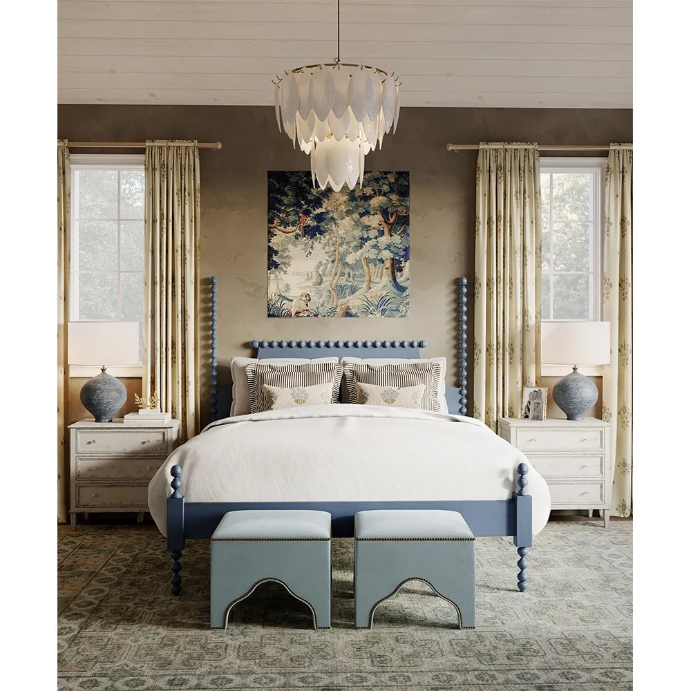 Elio Queen Size Spindle Poster Bed - Dark Blue, Rubberwood