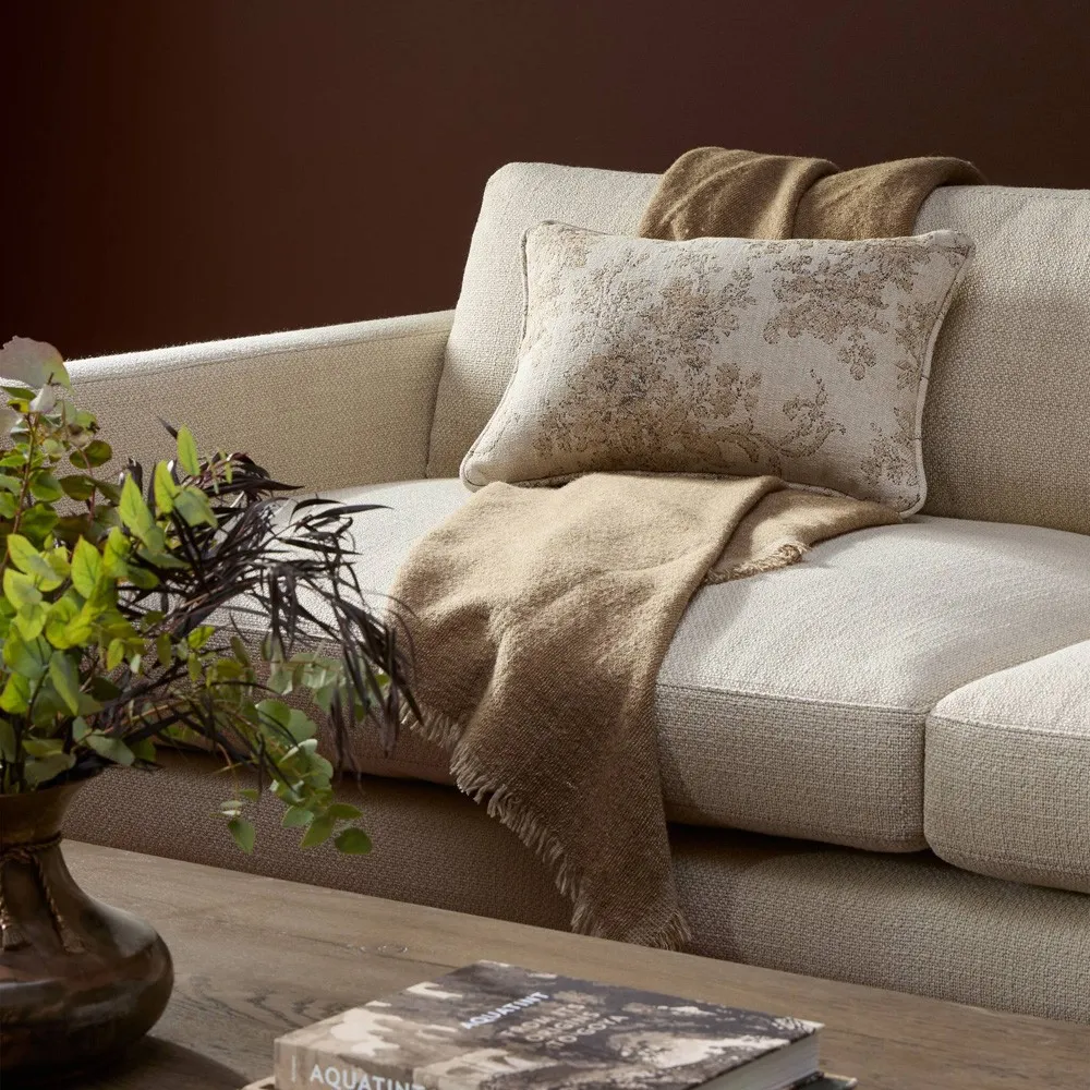 Elisha Damask Lumbar Pillow - Beige, Linen Blend