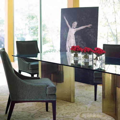 Ellen Pedestal Glass Top Dining Table - Gold, Steel